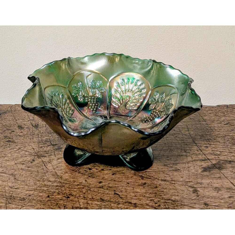Antique Fenton Emerald Green Carnival Glass Bowl, Peacock and Grapes, 3 Footed